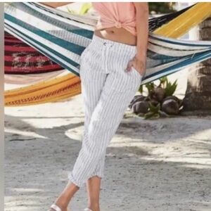 2 for $30 sale: Athleta white blue striped linen pull-on casual ankle Bali pants